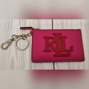 Ralph Lauren Double RL Fuchsia Pink Heart Card Holder Coin Purse Key Chain